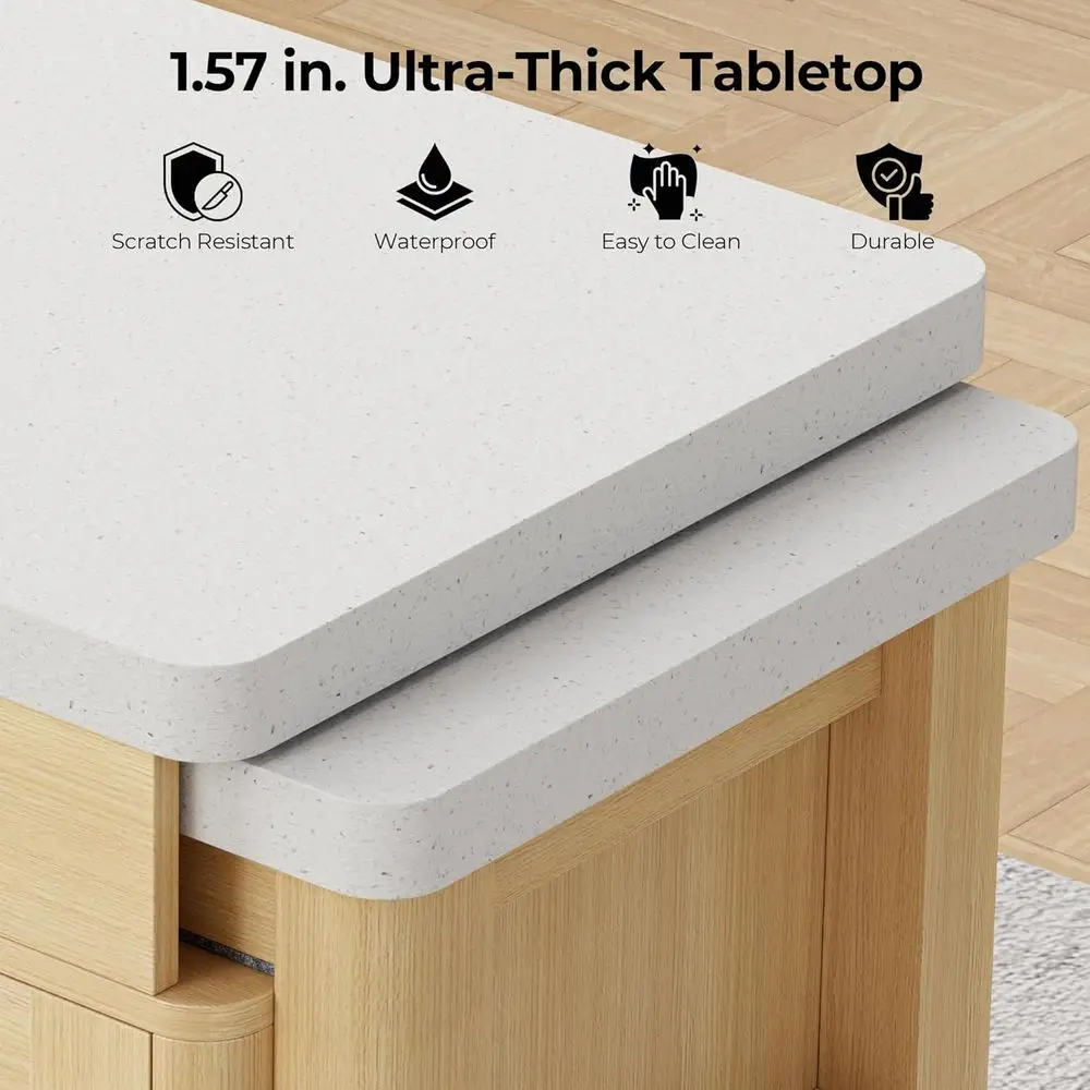 جزيرة مطبخ أوك مع طاولة قابلة للتمديد، وعربة دوارة، وسطح كوارتز، وحدة تخزين، ورف توابل ودرج