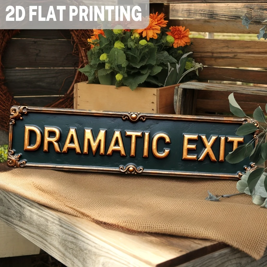2D Flat, 2DFLAT 2D Flat Design, Vintage Dramatic Exit Sign - Rustic Script-Themed Wall Decor with Distressed Golden and Black