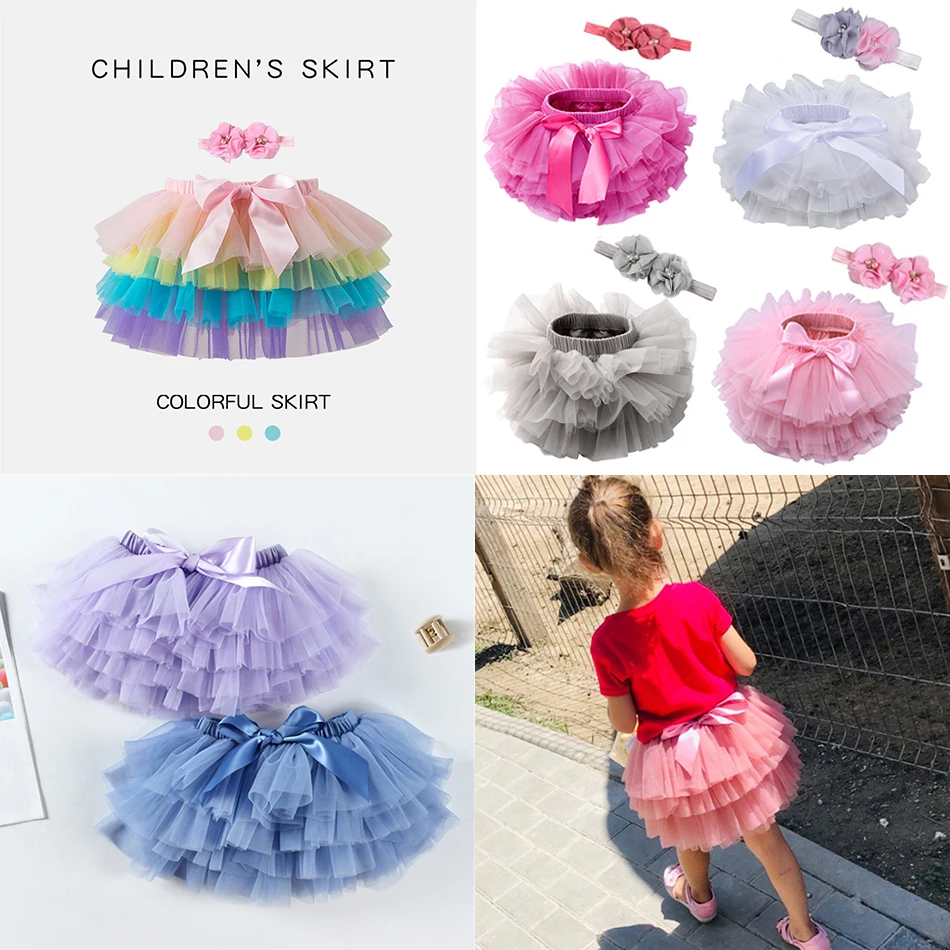 Toddler Tutu Tulle Skirts With Hair Band Sets Kids Princess Rainbow Newborn Fluffy Costume Girls Baby Birthday Party Miniskirt