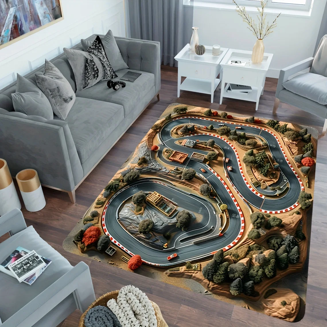 1pc 2D Flat Miniature Race Track Cars Trees 3D Effect Flannel Area Rug Non Slip Boys Room Carpet For Living Room Playroom Floor