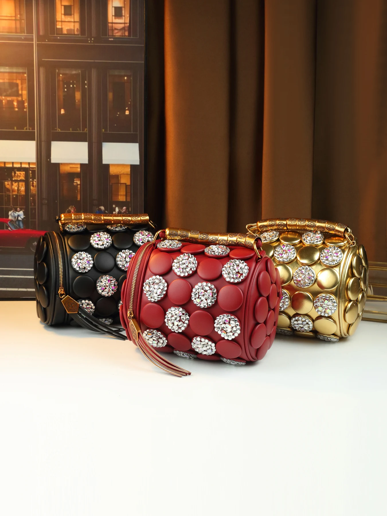 

Роскошная сумка-цилиндр с бриллиантовой инкрустацией и узором в горошек, винтажная элегантная сумочка для женщин