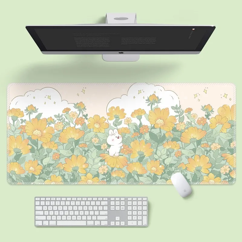 1Pcs Extra Large Kawaii Pink Gaming Mouse Pad Cute Tulips Flower Bunny XXL Desk Mat Water Proof Nonslip Laptop Desk Accessories