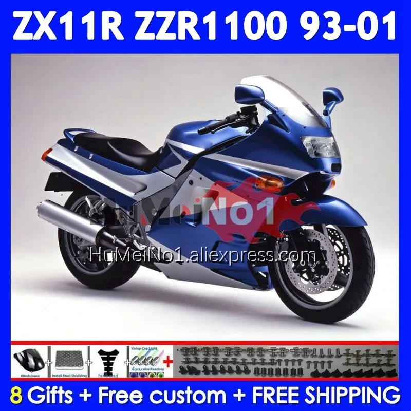 ZZR1100 For KAWASAKI NINJA ZX-11R ZX11R ZZR 1100 1993 1994 1995 1996 Blue Silvery 224No.147 ZX 11R ZX11 R 97 98 99 00 01 Fairing