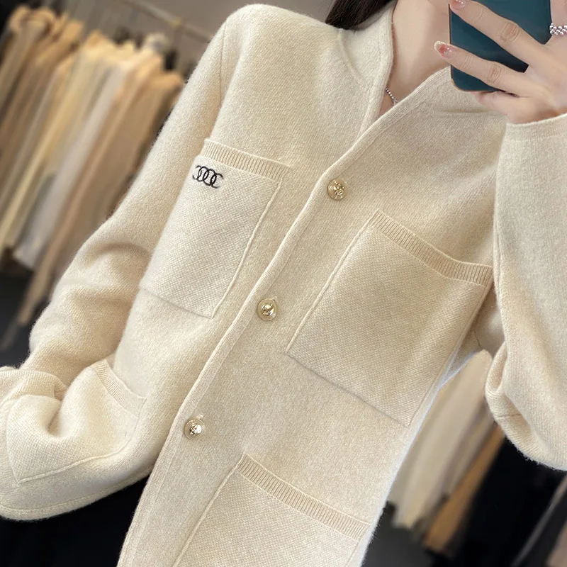 Women Clothing 100 Wool Cardigan, Thick Soft, Pockets, Chic Button Knitted Sweater Coats, Casual Loose Fashion Knitwear,Winter