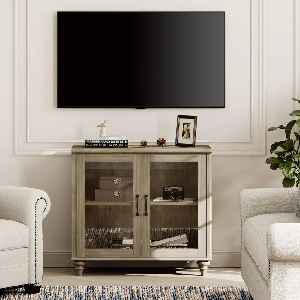 Farmhouse TV Stand for TVs Up to 43 inch, Glass Wood Universal TV Stand with 2 Storage Cabinets, Grey Entertainment Center TV C