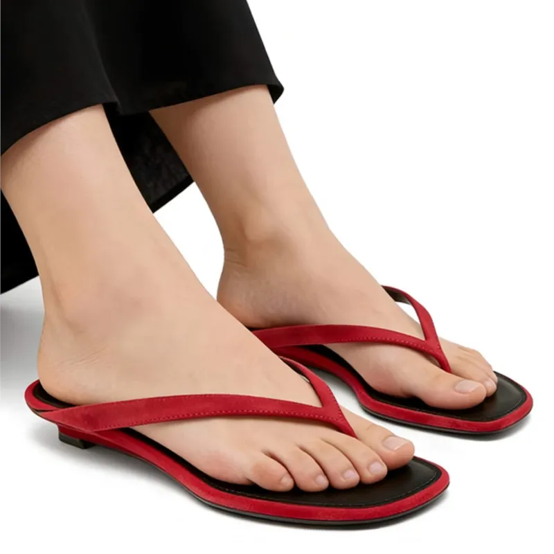 Brand Designer Summer Beach Flip Flops Mules Thin Low Heels Casual Slippers Women Square Toe Clip Toe Thongs Sandals