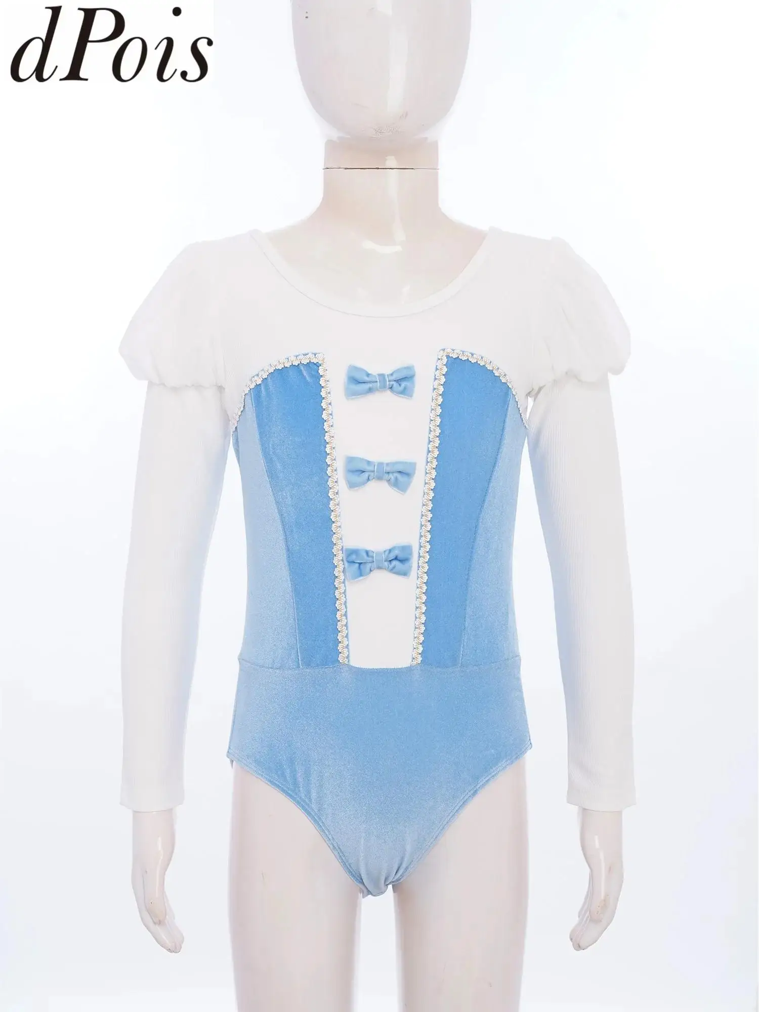 Kids Girls Dance Ballet Leotard Gymnastic Performance Costume Dancewear Puff Long Sleeves Velvet Patchwork Color Block Bodysuit