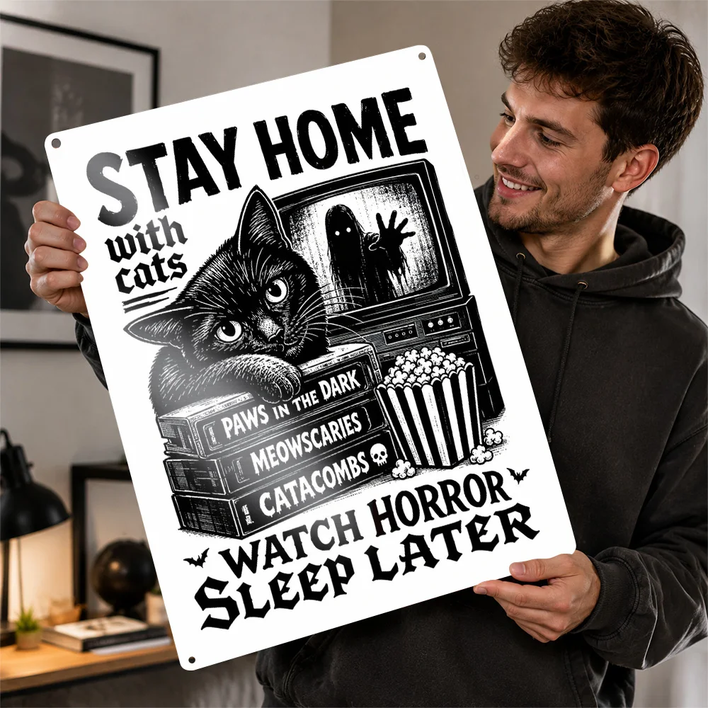 Stay Home Watch Horror Sleep Later Cat Personalized 3D Textured Metal Poster Wall Art Tinplate Sign for Office Decor Room Items