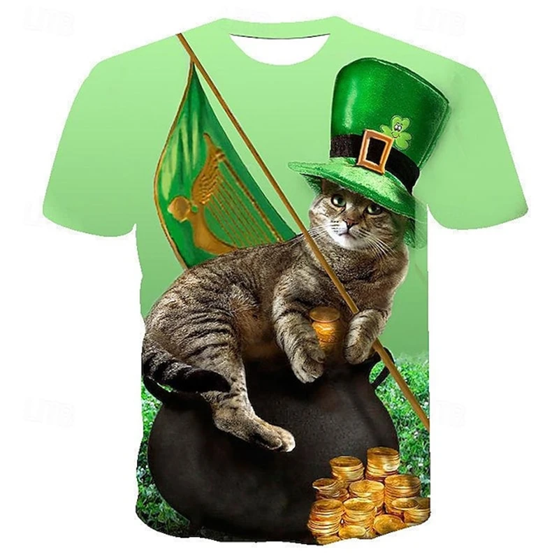 St. Patrick's Day T Shirts For Men Fashion 3d Print Green Clover Cats Graphic Short Sleeve Womens T-shirt Casual Holiday Gifts