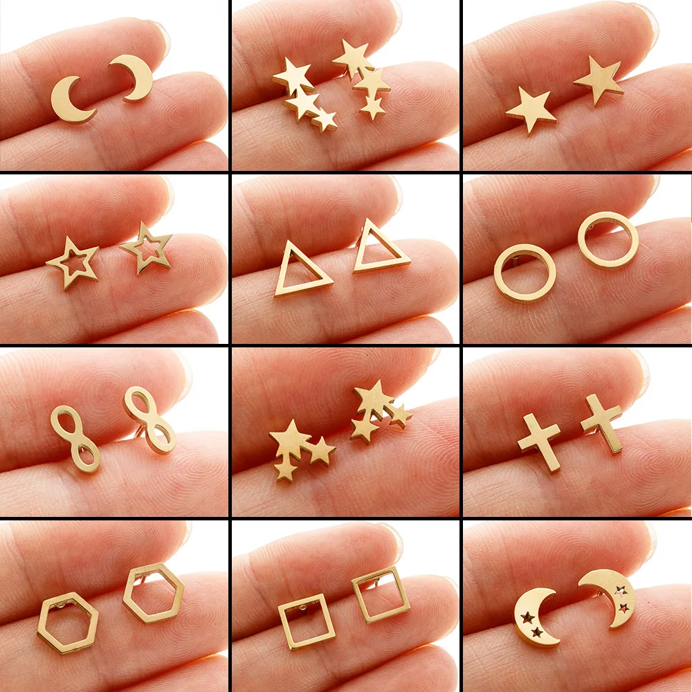 Fashion Small Star Moon Earrings Mini Simple Temperament Earrings For Women Geometric Square Stud Earrings Jewelry Gifts