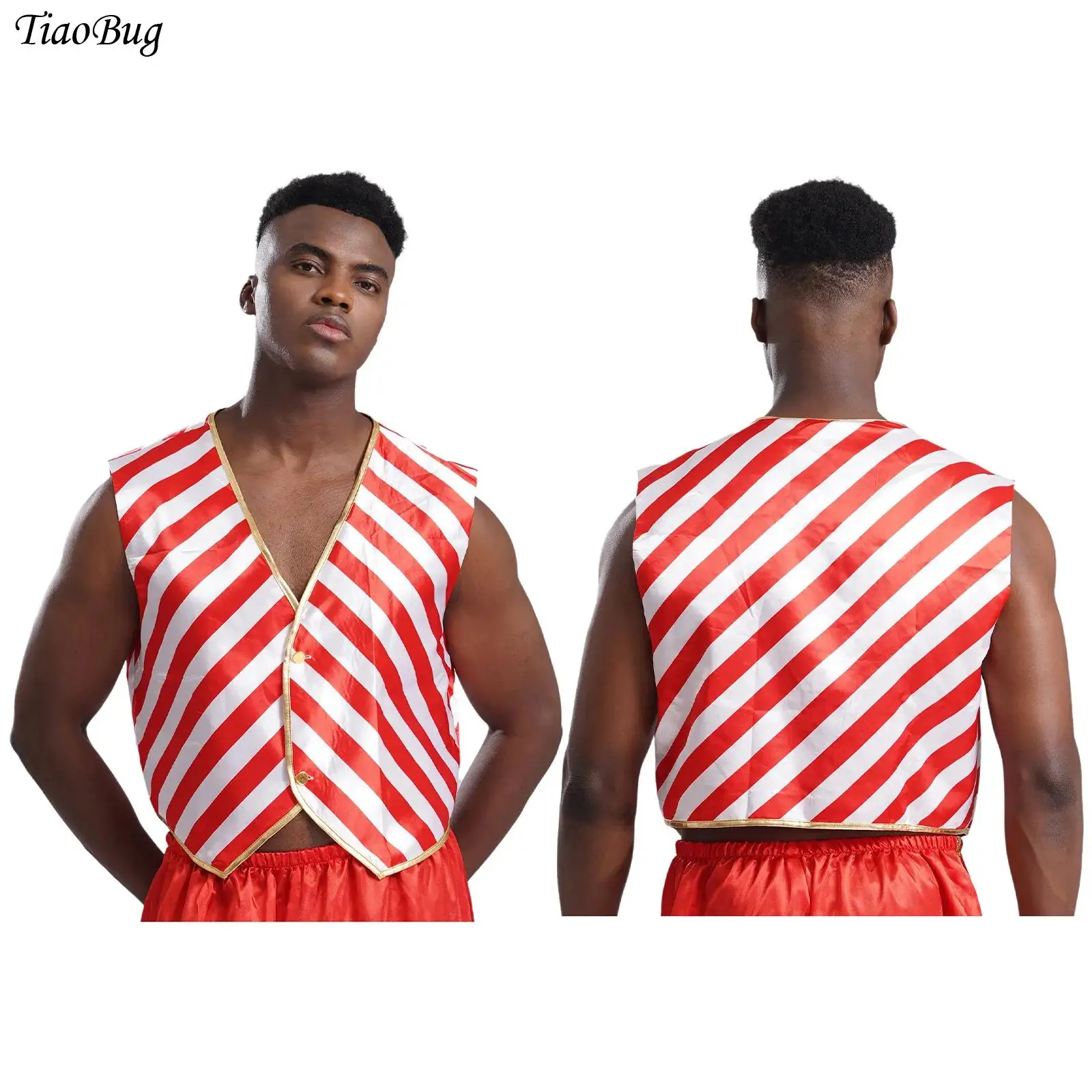 

Mens Adult Circus Role Play Waistcoat Theme Party Halloween Costume Color Block Red Stripe V Neck Sleeveless Vest Clown Cosplay