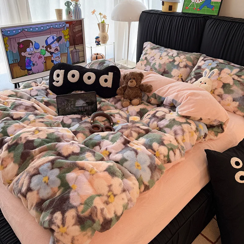 New Warm Rabbit Plush Bed Four-piece Set Thickened Quilt Cover Sheet Pillowcase Student Dormitory Bedding Set