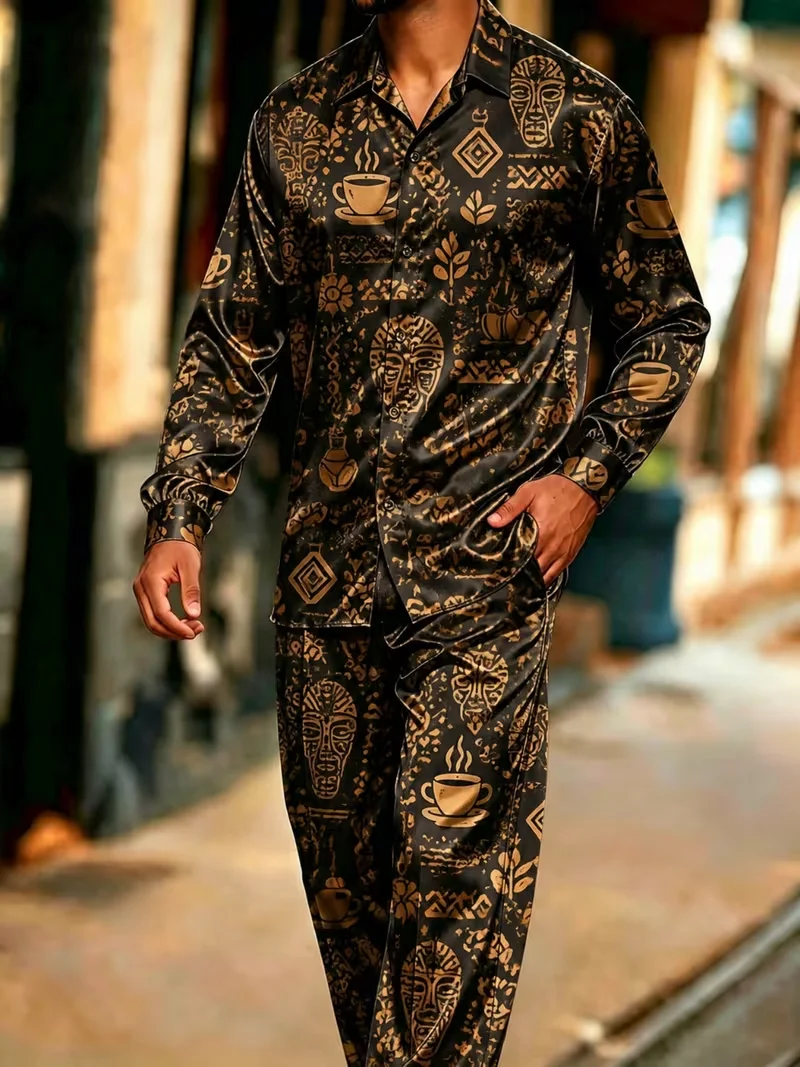 New Mi Bai Orange Green Crescent Wave Point Long Sleeve Set with Vacation Style Men's Shirt and Pants Two Piece Set