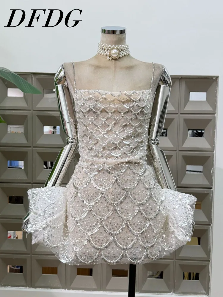 DFDG Women 2026 Spring Summer Sequin Scales Pattern Mini set Spaghetti Strap Ruched Waist Ruffle Hem Elegant Prom Party Set