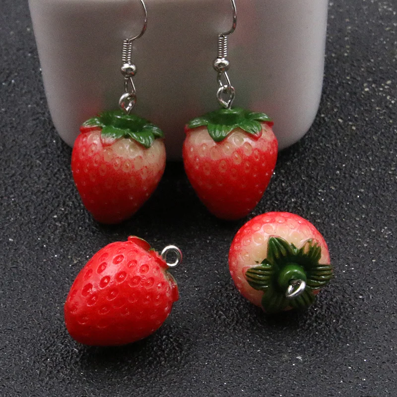 6PCS 17*25mm  Cartoon 3D Resin Red Strawberry Charm For Women Girl Cute Children Gifts Dangles DIY Jewelry Accessorie