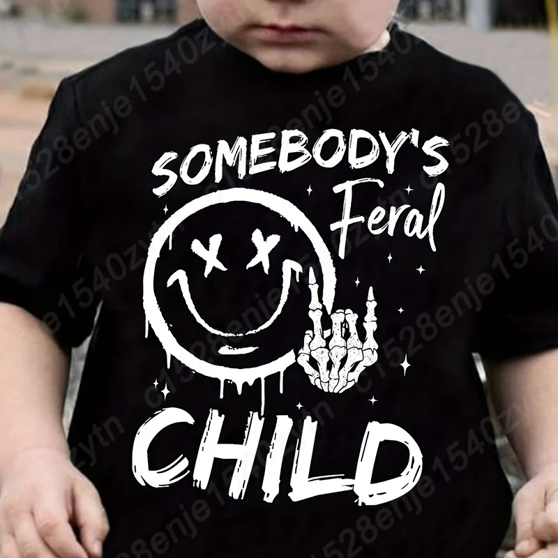 

Somebody's Feral Child Print T Shirts Children Boys Short Sleeve T-shirt Funny Round Neck Tee Shirt Summer Solid Color Soft Tees