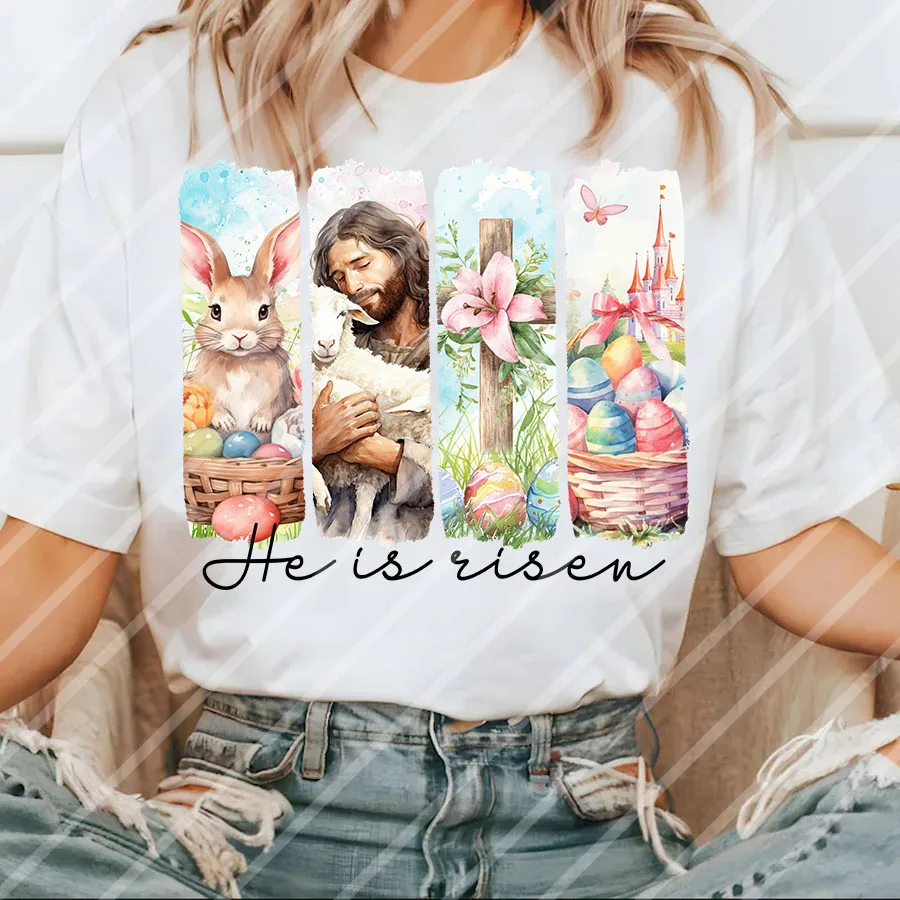 عيد الفصح هو صعود يسوع الأرنب DIY بها بنفسك الحديد على نقل الحرارة ملصق مائي تي شيرت بلوزات حقيبة الملابس النسيج ديكور الحفلات