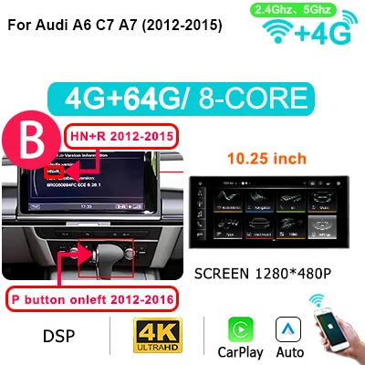 12,5'' Draadloze Carplay Android 15 Auto Stereo Scherm voor Audi A6 C7 A7 2012-2018 Autoradio Multimedia Speler GPS Google 4G LTE