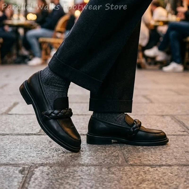 Men Braided Loafers Black Genuine Leather Slip‑on Shoes Thick Block Heel Casual Office Dress Shoes Daily Walking Footwear
