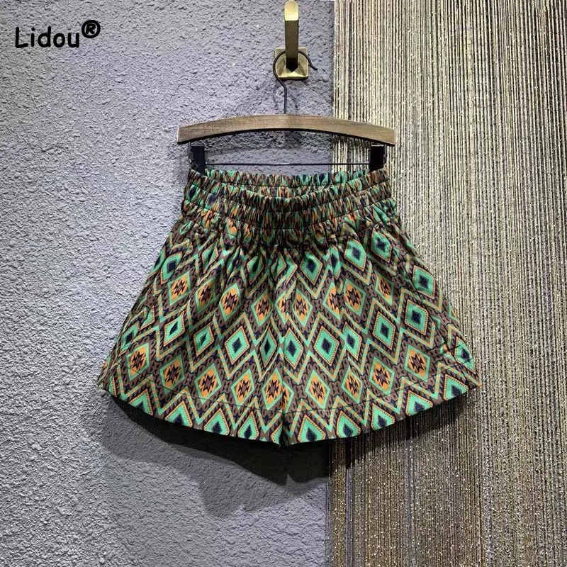 Loose Vintage Printing Wide Leg Shorts Women's Clothing Summer Casual Fashionable Elastic High Waist All-match Shorts Female