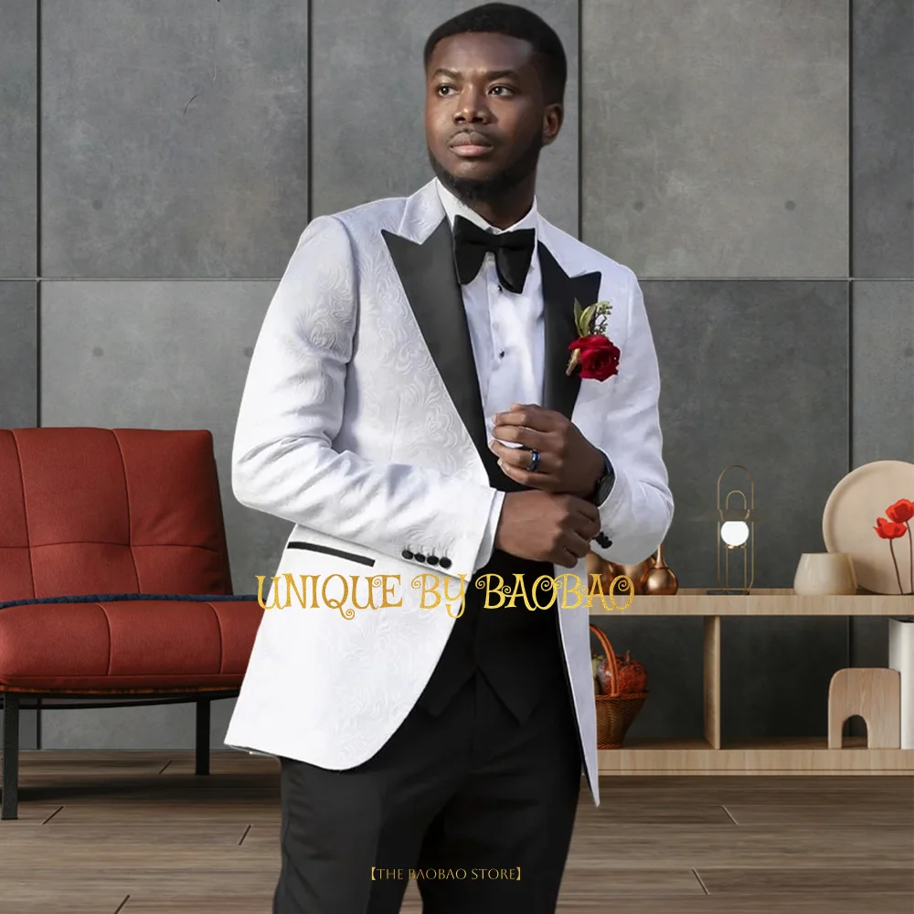 Male 3-Piece Suit (Jacket+Vest+Pants) Classy Jacquard Peak Lapel Blazer Wedding Groom Cocktail Birthday Prom Party Custom Tuxedo