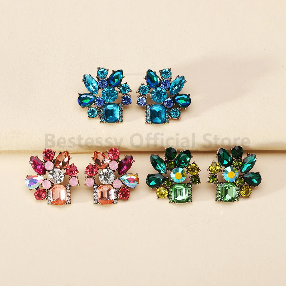 Korean Fashion Shiny Glass Flower Shape Stud Earrings For Women New Luxury Statement Jewelry Elegant Ear Accessories Charms Gift