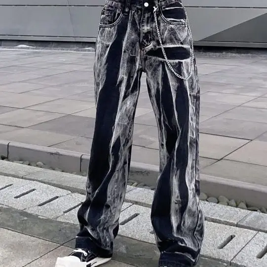 Contrast European And American Hip Hop High Street Fashion Brand Tie Dyed Jeans Women'S American Retro Straight Tube Loose Wide