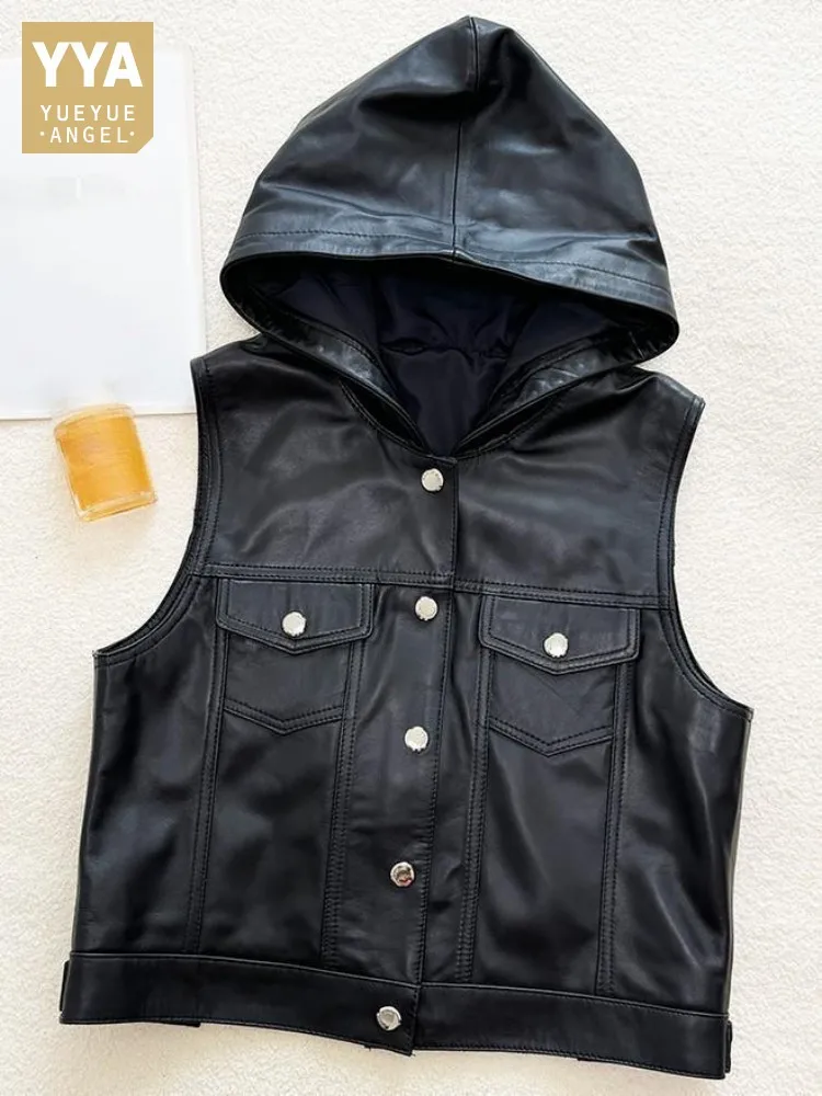 

Office Ladies Solid Color Genuine Leather Short Vest Sleeveless Single Breasted Sheepskin Top Quality Pockets Hooded Waistcoat