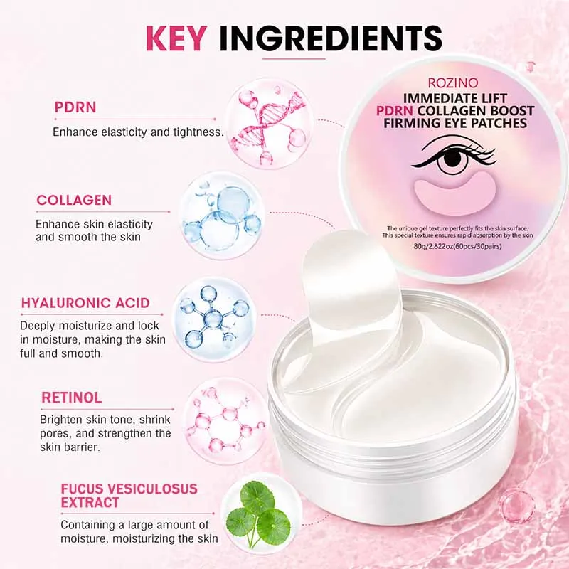 ROZINO Instant Lifting and Firming PDRN Collagen Eye Mask is lightweight and breathable, and can fit snugly around the skin around the eyes. Contains PDRN and collagen ingredients, suitable for daily use to care for the skin around the eyes, improve the visual condition of the skin, and is comfortable to use, making it a common product for daily eye care.
