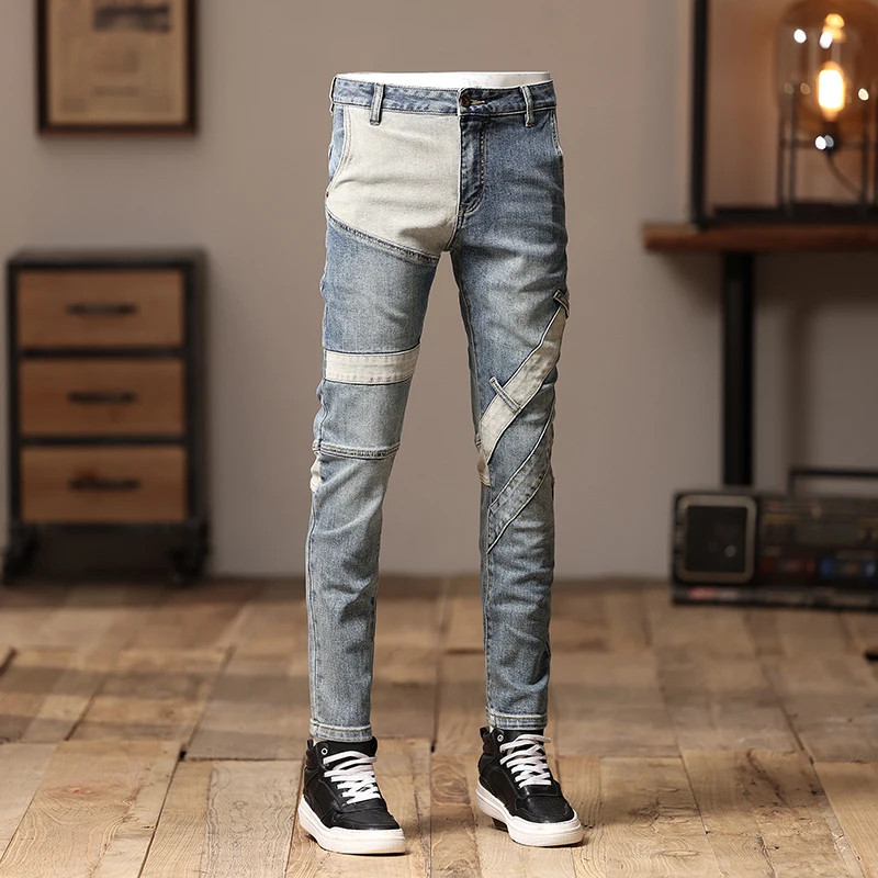 High Street Fashion Männer Jeans Retro blau Stretch Skinny Fit zerrissene Jeans Männer gespleißt Designer Hip Hop Denim Biker hose Hombre