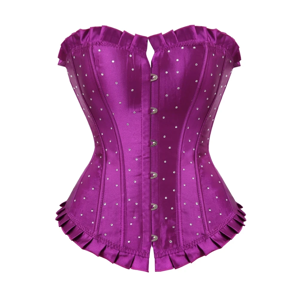 Purple Satin Rhinestone Corset Women Sexy Lace Up Overbust Bustier Top Showgirl Bodyshaper Corset Burlesque Vintage Style Korset