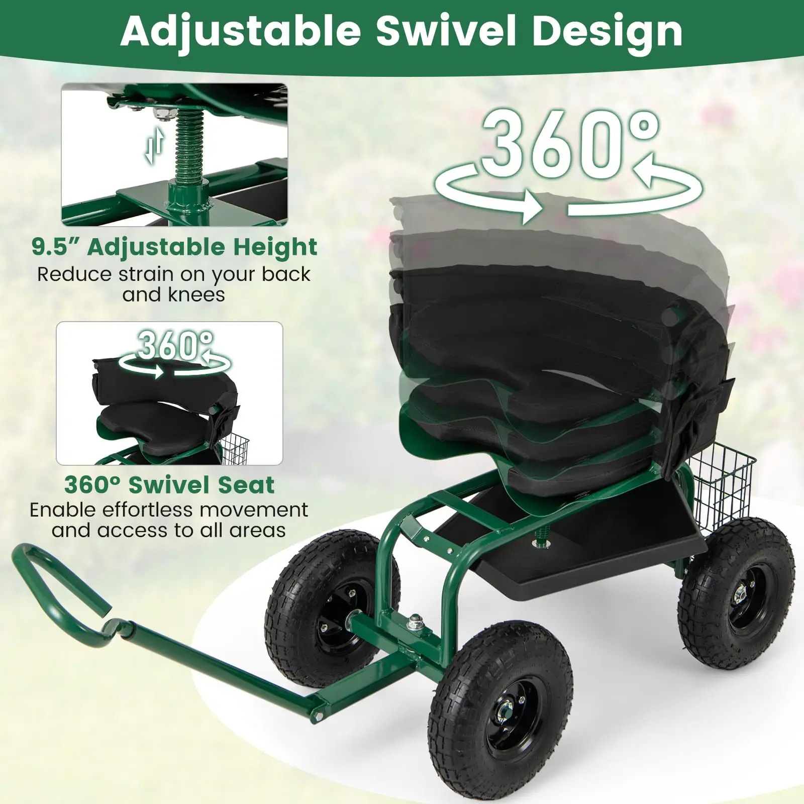Garden Cart with Seat, Heavy-Duty Rolling Wagon Scooter with Wheels, Height Adjustable & 360° Swivel Seat, Storage