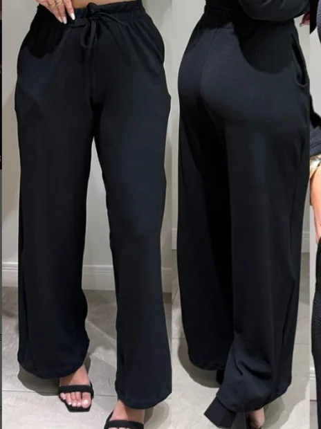 

New Women 2 Pieces Outfit Female Fashion Trousers Cold Shoulder Metal Buckle Decor Long Sleeve Top & Casual Wide Leg Pants Set