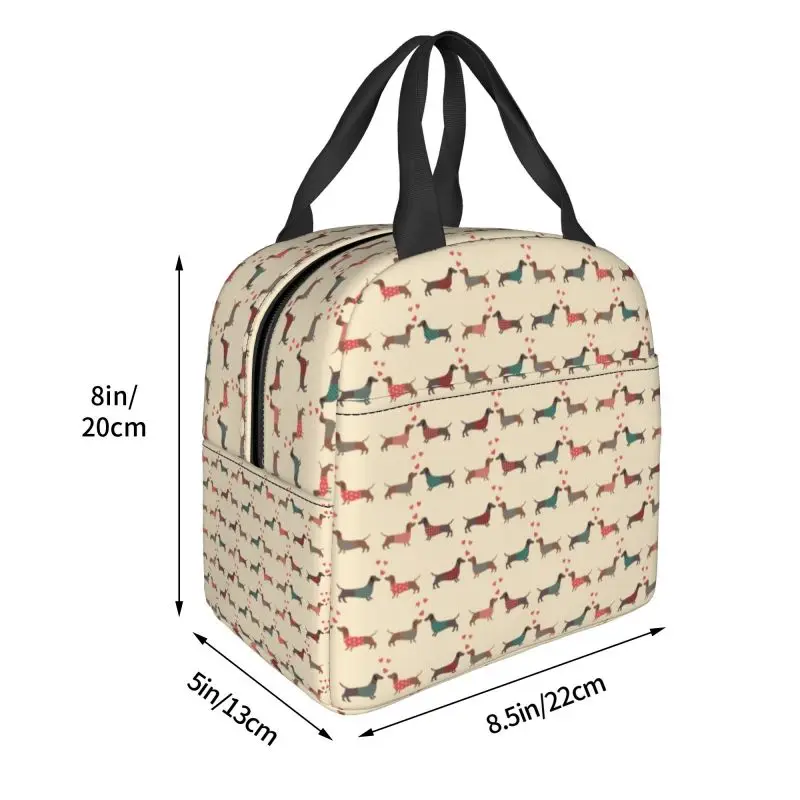 Couple Dachshund Dog Pattern With Heart Insulated Lunch Bag for School Office Sausage Dackel Resuable Cooler Thermal Lunch Box