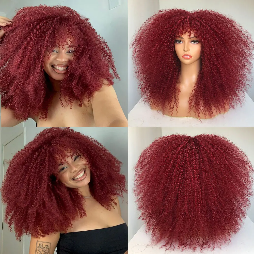 Pelucas Afro rizadas con flequillo para mujeres negras, peluca Burdeos sintética, pelo rojo vino, Marrón degradado, Rubio, Cosplay