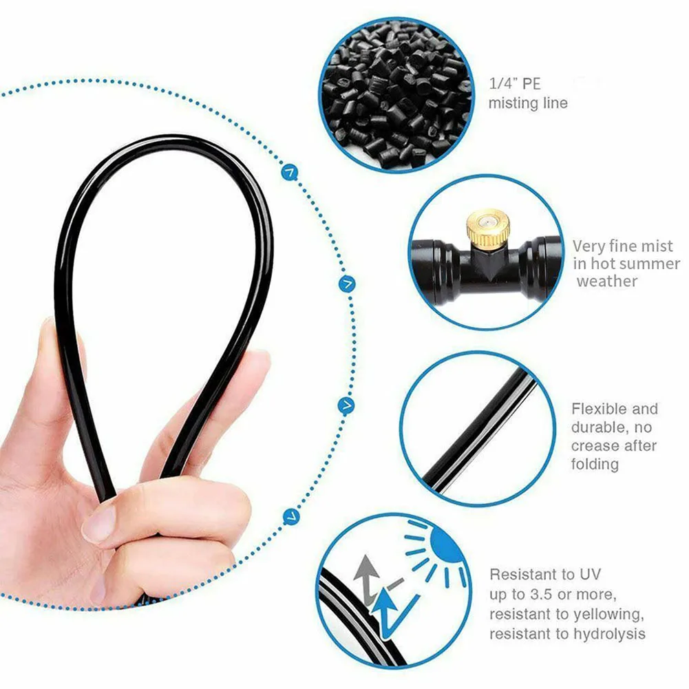 50ft Misting Drip Irrigation Kit 15M Black Garden Watering Hose Spray System With Brass Nozzles For Outdoor Patio Cooling