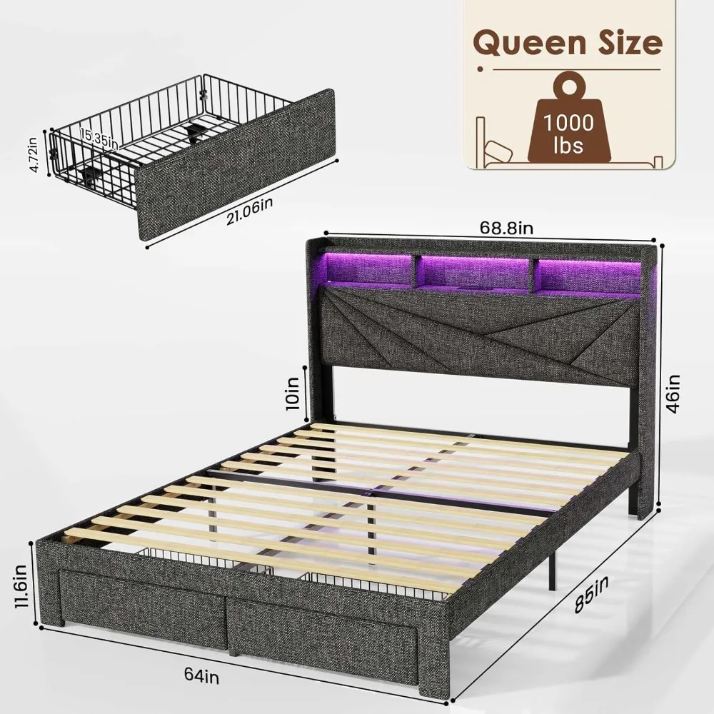 LED Queen Bed Frame with 2 Storage Drawers, Upholstered Bed Frame Queen Size with Headboard and Charging Statio