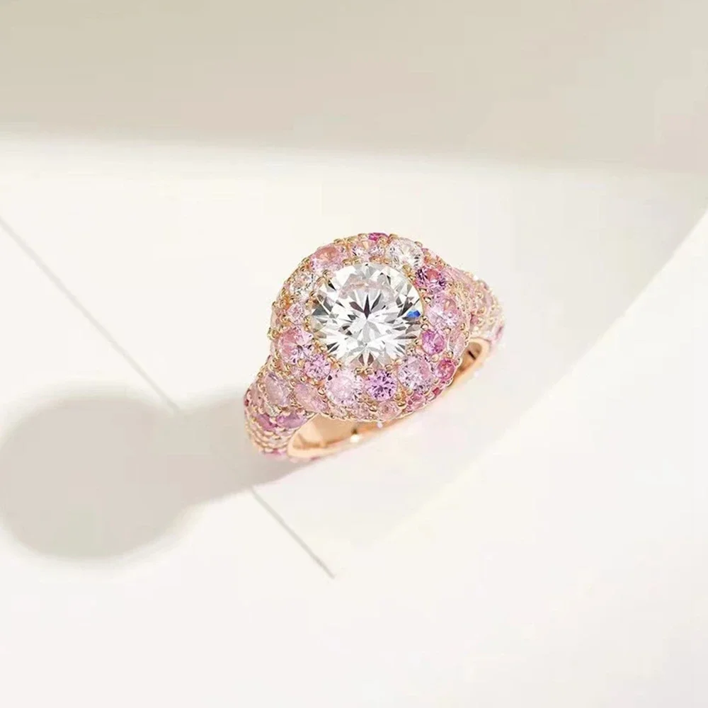 18K Gold Plated 925 Sterling Silver Ladies Ring Sparkling Round-Cut Lab Sapphire Gemstones Cocktail Girlfriend Gifts F