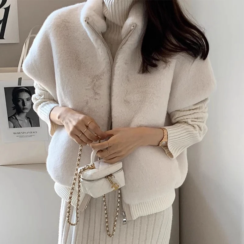 Chic Autumn Winter Vintage Simple Stand Collar Fake  Fur Loose Versatile Zipper Sle Fur Vest Jaet Women