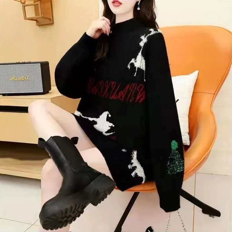 Women Winter 2023 New Knitwear Sweater Plus Christmas Korean Edition Versatile Loose Lazy Style Simple Commuting All-match