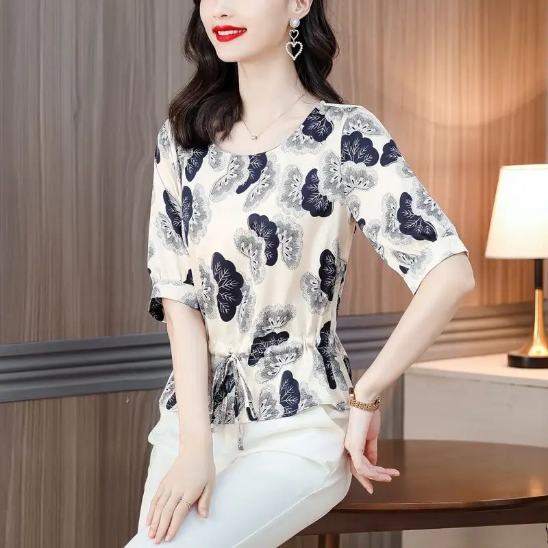 Summer Women\'s Clothing Pullover Chiffon Short Sleeve Round Neck Bandage Plant&Flowers Printing T-shirt Fashion Casual Tops