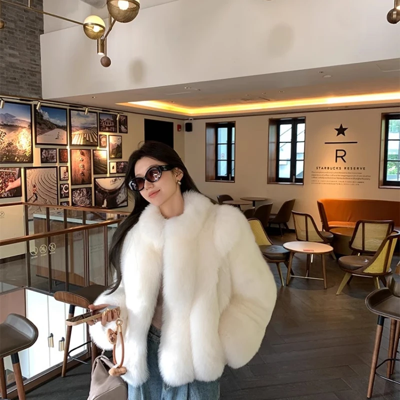 YOLANFAIRY 가을 겨울 여우털 여성 숏 기장 스탠드 칼라 긴팔 출퇴근용 리얼 퍼 코트 2025