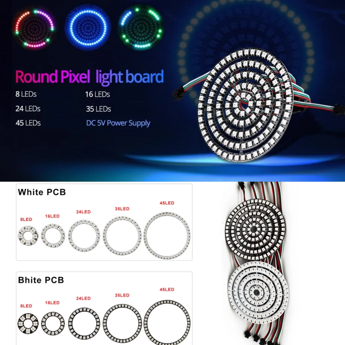 Imagem -02 - Lâmpada Redonda Led Pixel Ring Rgb Ws2812b Endereçável Individualmente Módulo Smd 5050 Bulat 16 24 35 45 Bit Branco Preto Pcb Hot dc 5v