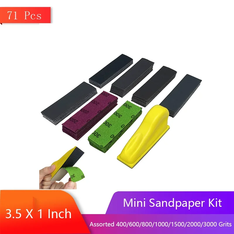 

Мини-набор наждачной бумаги 3,5 x 1 дюйм, 71 шт. с крючком и петлей, шлифовальный блок в ассортименте, зернистость 400/600/800/1000/1500/2000/3000 для полировки