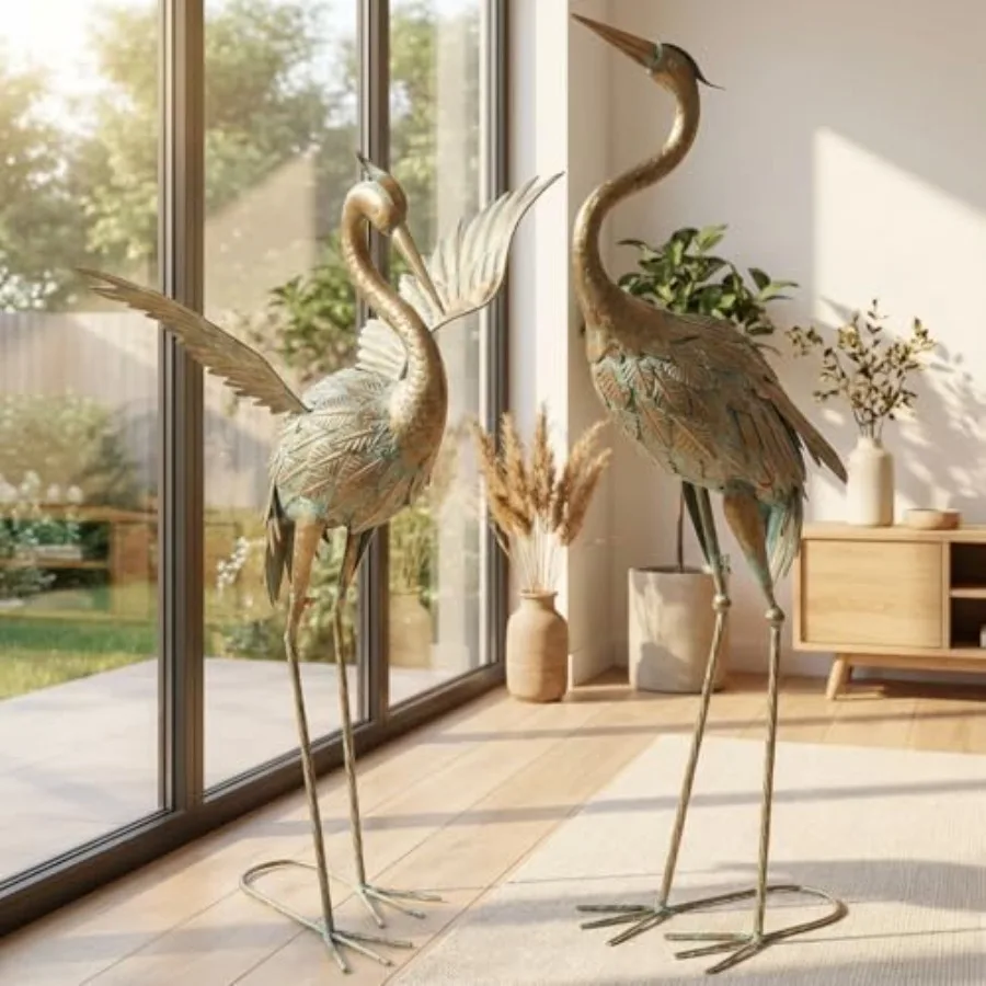 

Garden Decor Set of 2 Cranes 25-26 Elegant Cranes with Golden Painting Waterproof Metal Garden Statue Herons Gifts Birthday Gif