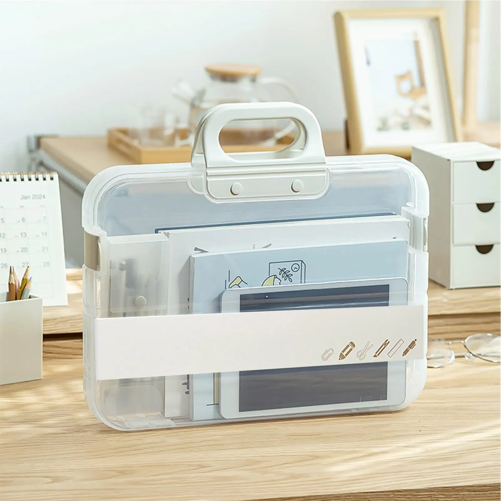 Portable File Box Plastic Transparent Pencil Case A4 Folder with Lock Handle Documents Bag Stationery Storage Case