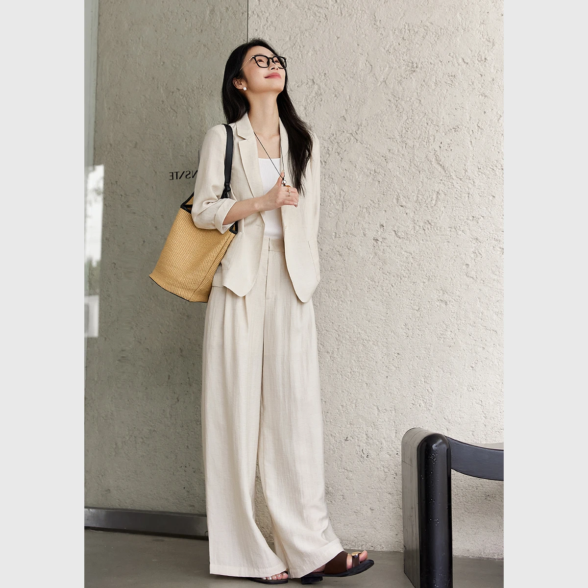 VIMLY Linen Blend Blazer Pants Suit Women Office Lady 2026 Fall Suit Jacket Wide-leg Pants Two Piece Set Fashion Clothing A0151