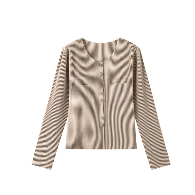 Miyake Pleated Jacket Plisse Women Round Neck Slim Fit Long Sleeve Fold Top 2026 Autumn New Design Pleats Coat Women Clothing