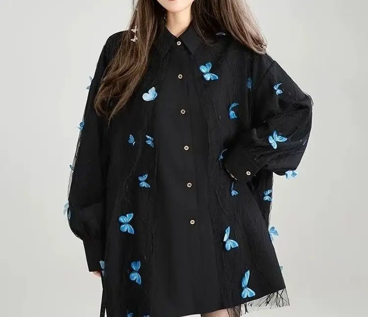 

2025 Autumn New Style Black Best-selling Long-Sleeved Butterfly Lace Shirt