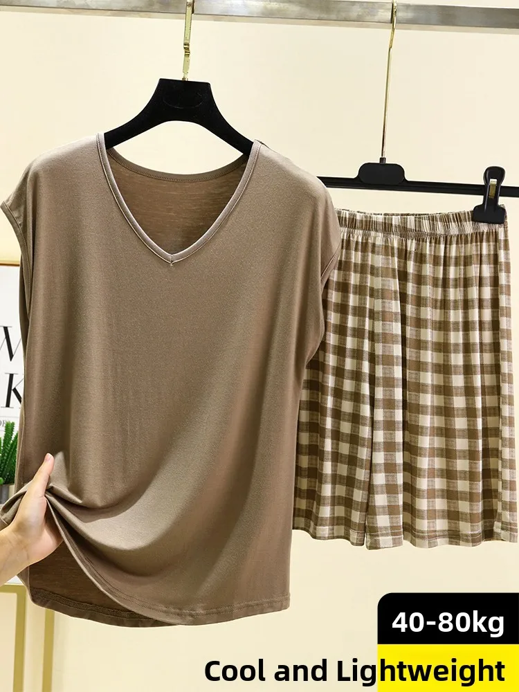 Modal Home Clothes Set Summer Large Size Can Be Worn outside V-neck Sleeveless Two-piece Loose Thin Sleepwear for Ladies